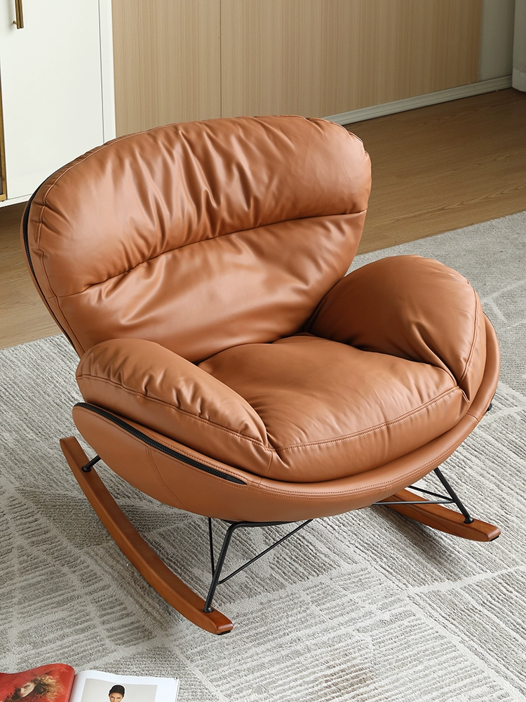 Nordic Genuine Leather Rocking Chair – Eggshell Lazy Recliner for Living Room & Balcony