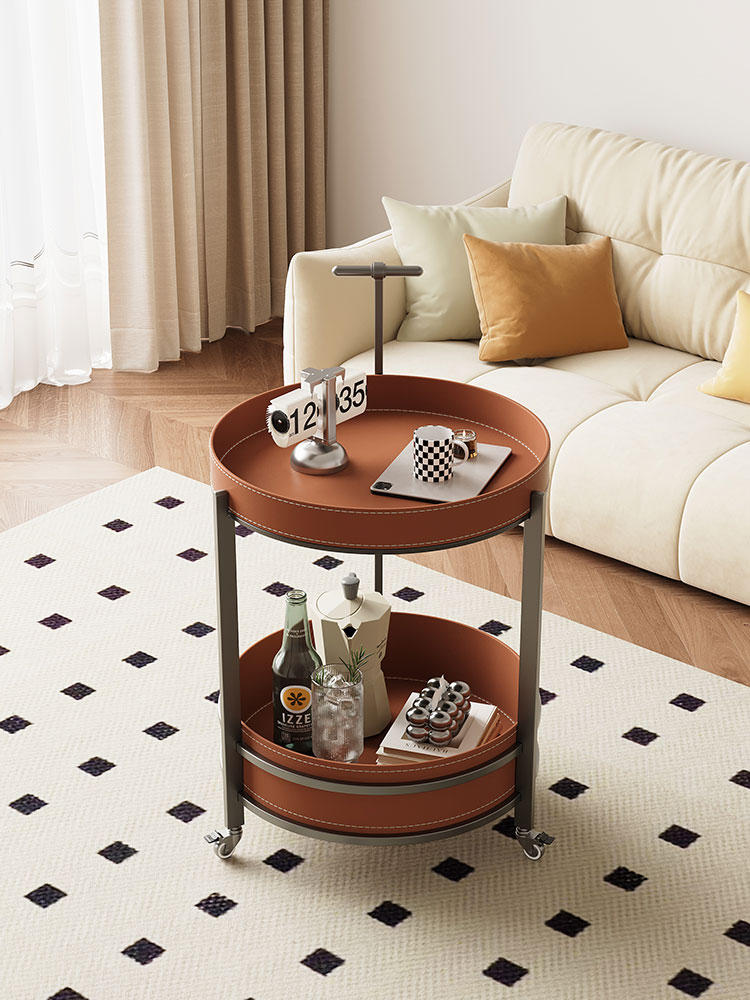 Light Luxury Saddle Leather Rolling Side Table – Mobile Coffee & Storage Cart - Image 3