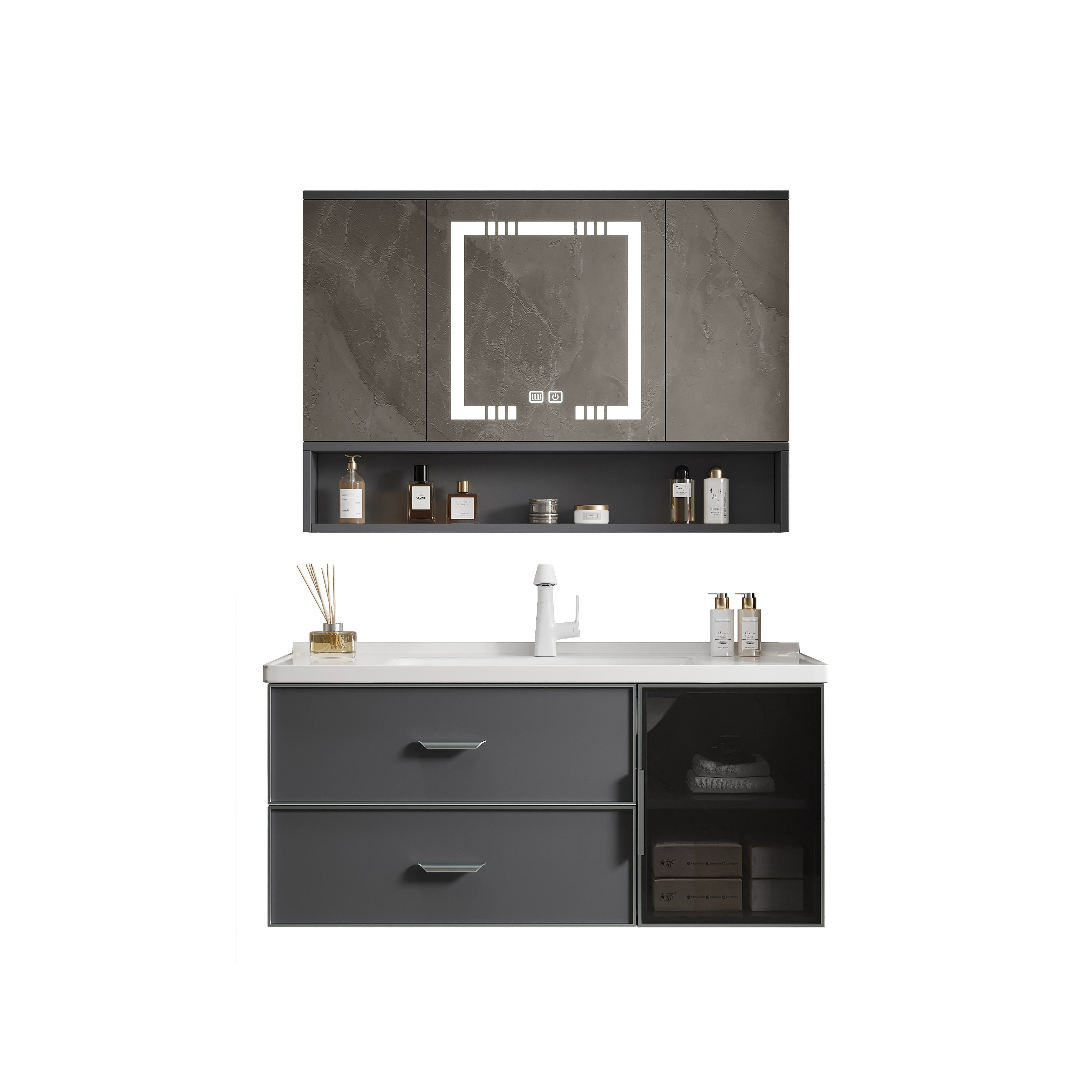 Smart Hidden Mirror Bathroom Cabinet – Integrated Ceramic Washbasin Set - Image 5