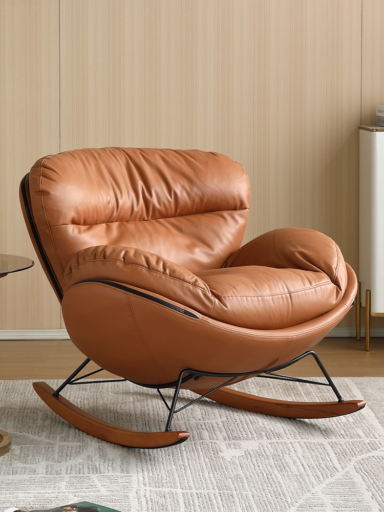 Nordic Genuine Leather Rocking Chair – Eggshell Lazy Recliner for Living Room & Balcony - Image 3