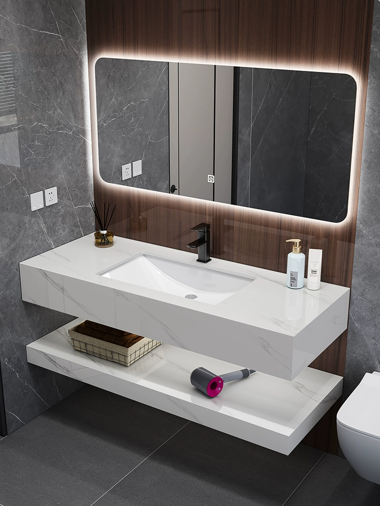 Modern Wall-Mounted Double-Layer Basin Set – Stone Slab Ceramic Bathroom Vanity - Image 4