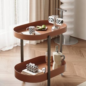 Light Luxury Saddle Leather Rolling Side Table – Mobile Coffee & Storage Cart