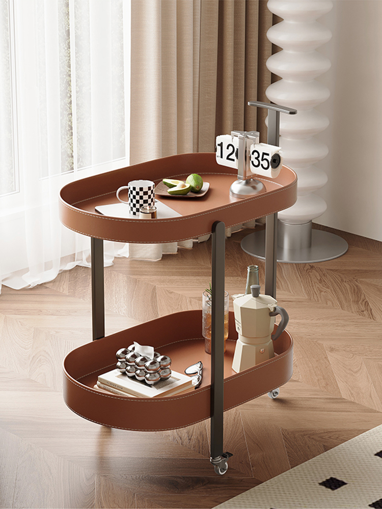 Light Luxury Saddle Leather Rolling Side Table – Mobile Coffee & Storage Cart