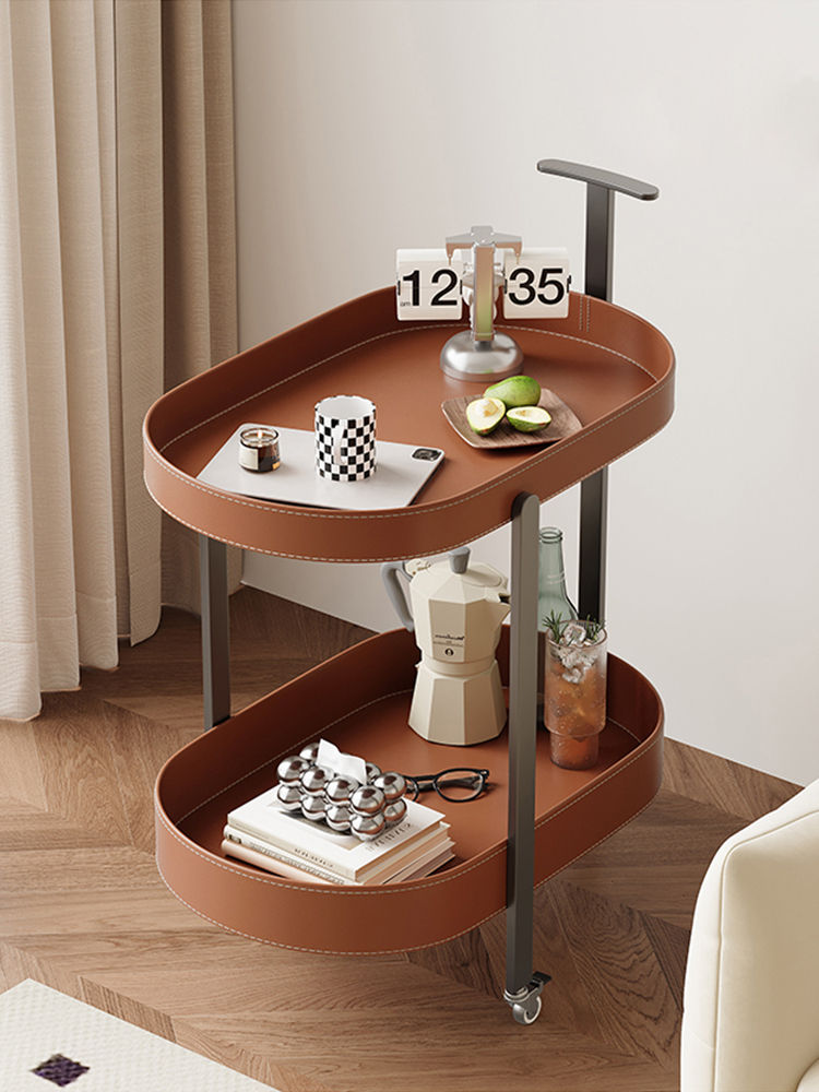 Light Luxury Saddle Leather Rolling Side Table – Mobile Coffee & Storage Cart - Image 2