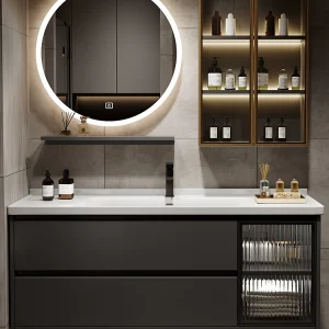Modern Light Luxury Bathroom Cabinet Set – Integrated Ceramic Basin with LED