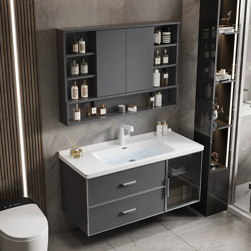 Smart Hidden Mirror Bathroom Cabinet – Integrated Ceramic Washbasin Set - Image 3