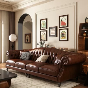 Chesterfield Brown Cowhide Leather Sofa Set