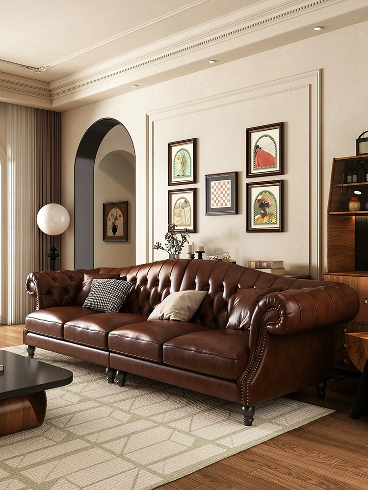 Chesterfield Brown Cowhide Leather Sofa Set